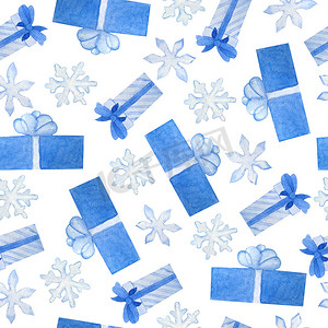 雪花新年摄影照片_水彩无缝手绘图案与蓝色灰色圣诞礼物装饰包装纸与弓雪雪花。