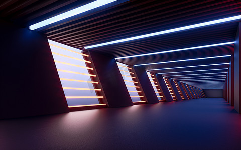 黑暗的隧道，未来派概念，3D 渲染。