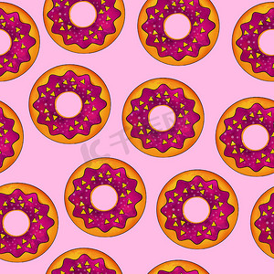 甜甜圈图案摄影照片_粉红色背景上淡紫色甜甜圈的无缝图案。