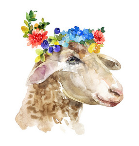 羊与鲜花花环