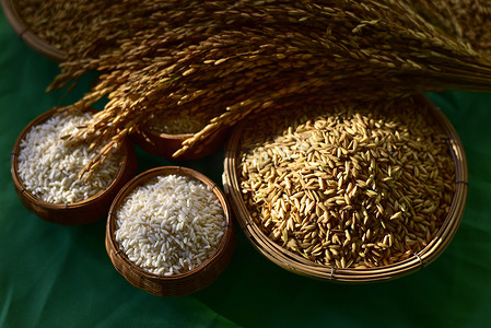 木筐里的谷物放在绿布背景上的水稻和大米。