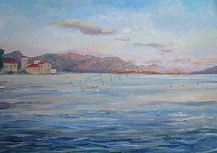 大海油画摄影照片_夏季克罗地亚海岸的油画插图，克罗地亚