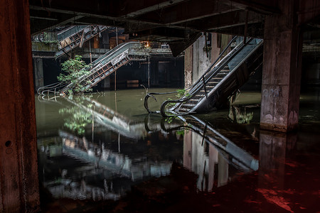 废弃的购物中心建筑中的自动扶梯损坏和积水。