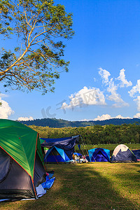 露营装备摄影照片_早晨日出暮色背景下的假日露营
