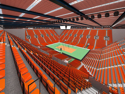 免vip摄影照片_美丽的现代排球运动场，配有橙色座椅和 VIP 包厢