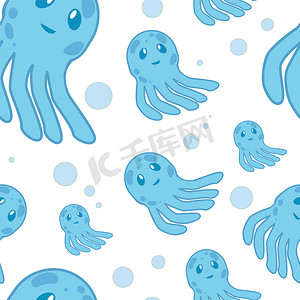 可爱的快乐水母卡通人物无缝图案海洋动物插画。