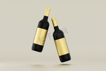 红酒瓶样机与空白背景上的白色标签。 