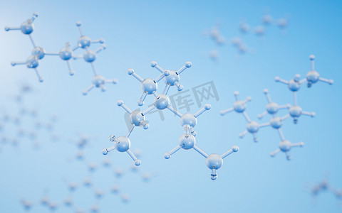 蓝色背景简单摄影照片_具有蓝色背景的化学分子，3d 渲染。