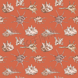 背景大海摄影照片_橙色背景下棕色海洋生物贝壳的水彩数字插图无缝图案