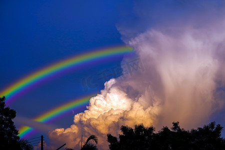 雨后天空中出现彩虹，日落时彩虹又出现在天空中