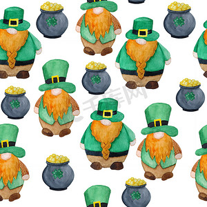 金宝摄影照片_无缝水彩手绘图案与圣帕特里克节游行元素爱尔兰爱尔兰侏儒矮小妖精在绿色的帽子，金宝罐。