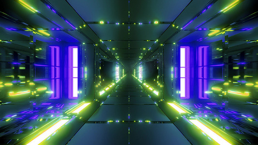 未来金属科幻太空隧道走廊3D插画壁纸背景发光灯和反射