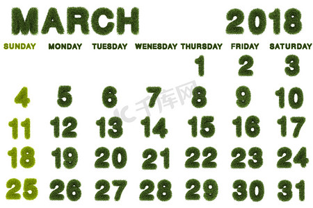 日历2018摄影照片_2018 年 3 月的日历在白色背景，3d 渲染绿色 g