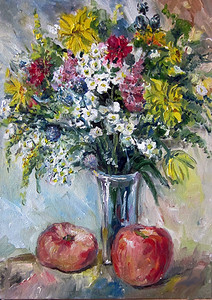 鲜花 n 花瓶和水果。