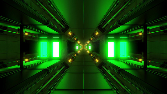 未来派发光科幻太空隧道走廊3d插画背景壁纸