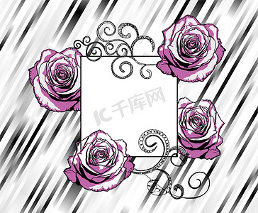 复古风格黑白条纹背面的粉色和黑色玫瑰