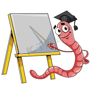 卡通毕业学生摄影照片_在黑板上的卡通蠕虫。