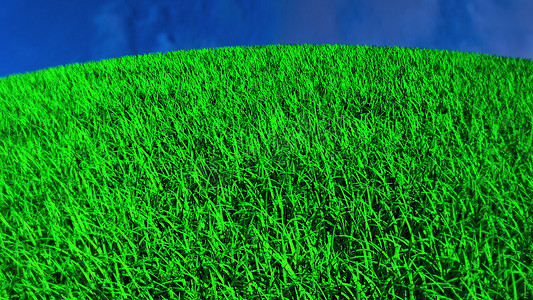 计算机生成的抽象背景快速运行在绿草和天空的圆形表面上。