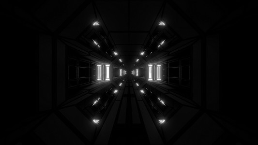 黑暗干净的未来科幻空间机库隧道走廊与凉爽的反射灯 3D 插图背景壁纸设计