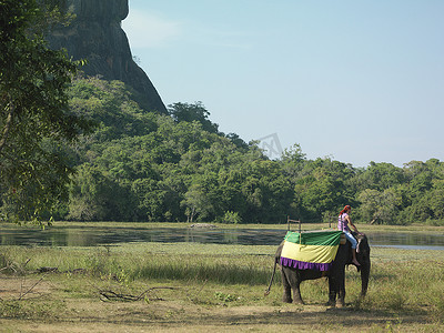 骑着的大象摄影照片_背景中河流岩层旁骑大象的年轻人