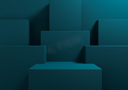 蓝绿色背景几何摄影照片_深蓝绿色，水蓝色 3D 渲染简单，产品展示台的最小背景，代表展示几何背景模拟美容化妆品产品模板墙纸