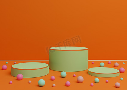 糖果展示摄影照片_霓虹橙色、亮红色 3D 渲染三个讲台支架产品展示，配有金色线条和彩色大理石，用于产品展示或背景豪华产品或有趣的糖果