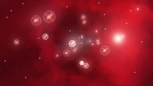 红色空间活动与许多小星星，现代 3D 渲染抽象，计算机生成
