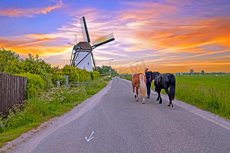 荷兰风景与传统风车在乡村 f