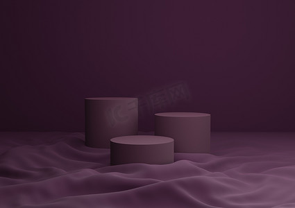 中性、简单、最小背景 3D 渲染的三个讲台或产品展示架的深紫色组合