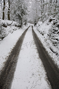 下雪乡村摄影照片_雪覆盖了乡村的土路。