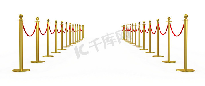 金栅栏，有红色屏障绳的支柱