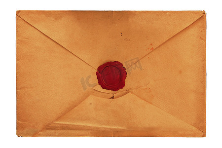 花型信封摄影照片_带红色密封蜡的旧复古纸信封