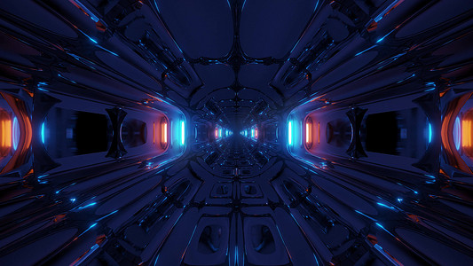 futuristix 科幻外星人太空飞船机库隧道走廊与漂亮的反射 3d 插图 3d 渲染背景壁纸