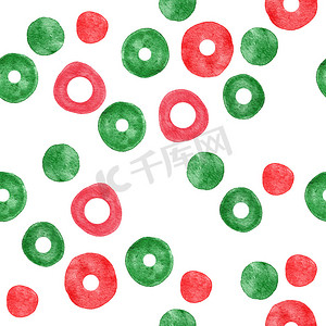 粉色圆点摄影照片_水彩无缝手绘图案与红色绿色抽象形状元素圆环圆形圆点，明亮的夏日背景。