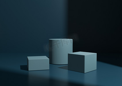 用于产品展示的简单最小深蓝色三讲台或展台组合。