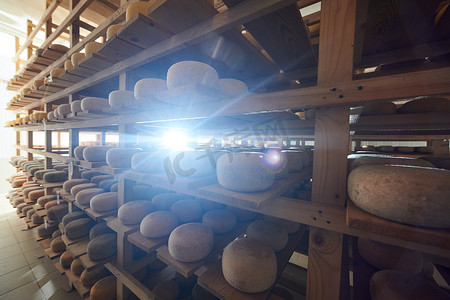 传统工厂摄影照片_奶酪工厂生产货架上陈旧的奶酪