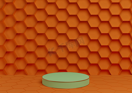 霓虹橙色，亮红色 3D 渲染产品展示台豪华金色蜂窝抽象背景与圆柱支架最小，自然豪华蜂蜜产品的简单模板