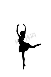 芭蕾舞女孩摄影照片_优雅的芭蕾舞剪影，一个年轻的芭蕾舞女孩穿着足尖鞋，在白色背景上孤立的姿态