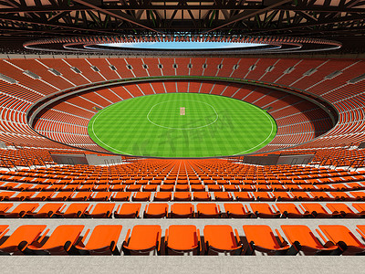 免vip摄影照片_美丽的现代大型圆形板球场，配有橙色座椅和 VIP 包厢
