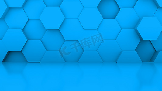 位于蓝色工作室不同级别的蓝色立方体的 3D 渲染墙。