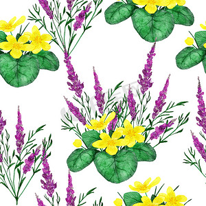 手绘水彩无缝图案与河流野花，花卉野生动物自然背景与紫色杂草黄色金莲花绿叶叶草甸设计。