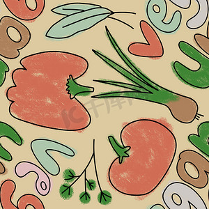 手绘无缝图案与蔬菜素食素食设计。