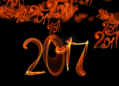 新年快乐 2017 年飞行数字用火火焰灯写在黑色背景上