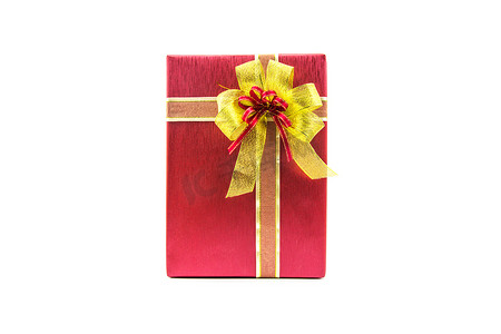 圣诞新年庆祝装饰概念-红色和丝带金色礼品盒和装饰元素隔离在白色背景。