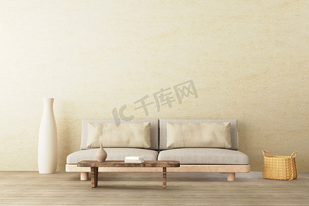 温暖的中性风格室内模型，配有低沙发、陶瓷壶、空混凝土墙背景边桌。 