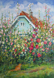 乡间别墅，花和猫，油画