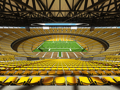 有黄色座位和贵宾包厢的大型美丽的现代美式橄榄球场
