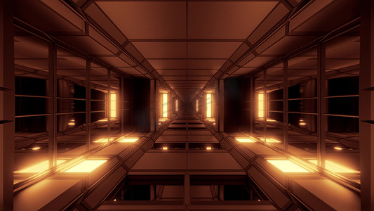 未来科幻机库隧道走廊，玻璃窗 3D 插画壁纸背景