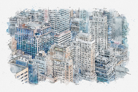 纽约曼哈顿中城空中全景的数字水彩画纽约摩天大楼