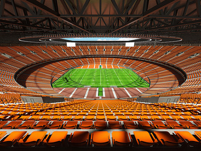 大型美丽的现代橄榄球体育场，配有橙色座椅和 VIP 包厢